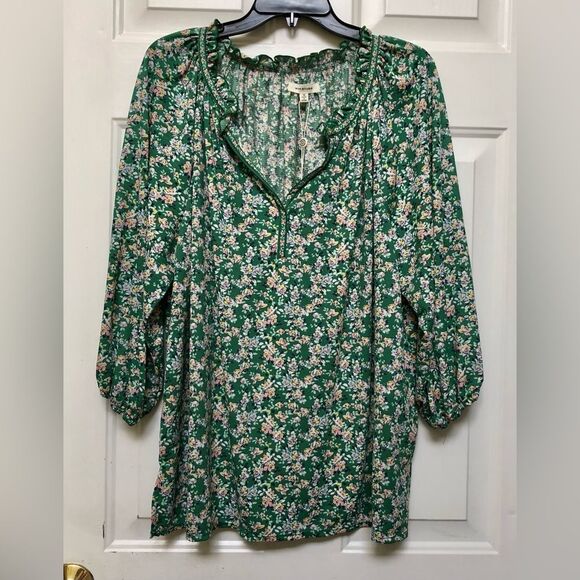 MAX STUDIO TOP TUNIC SIZE 1X GREEN FLOWERED V NECK 3/4 SLEEVES PULL OVER - Picture 2 of 7
